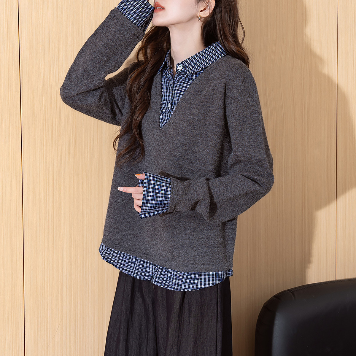 唐狮秋冬季毛衣女超好看格子布拼接假两件翻领套头慵懒风TM,女装/女士精品,毛衣,淘宝优惠券,粉丝福利购,淘宝优惠卷