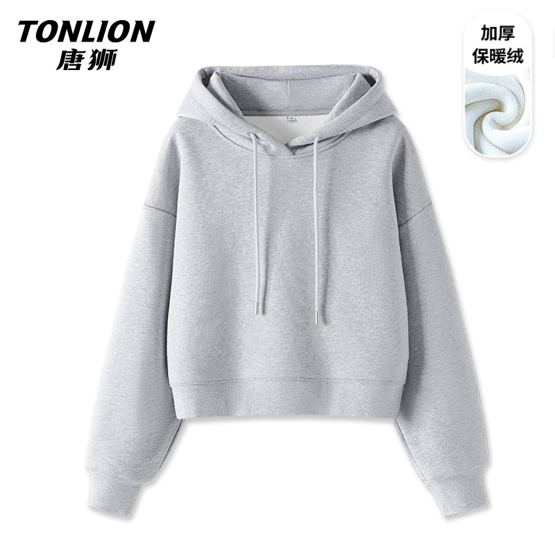 唐狮小个子短款灰色加绒卫衣女秋冬2026新款宽松外套女春秋款VB