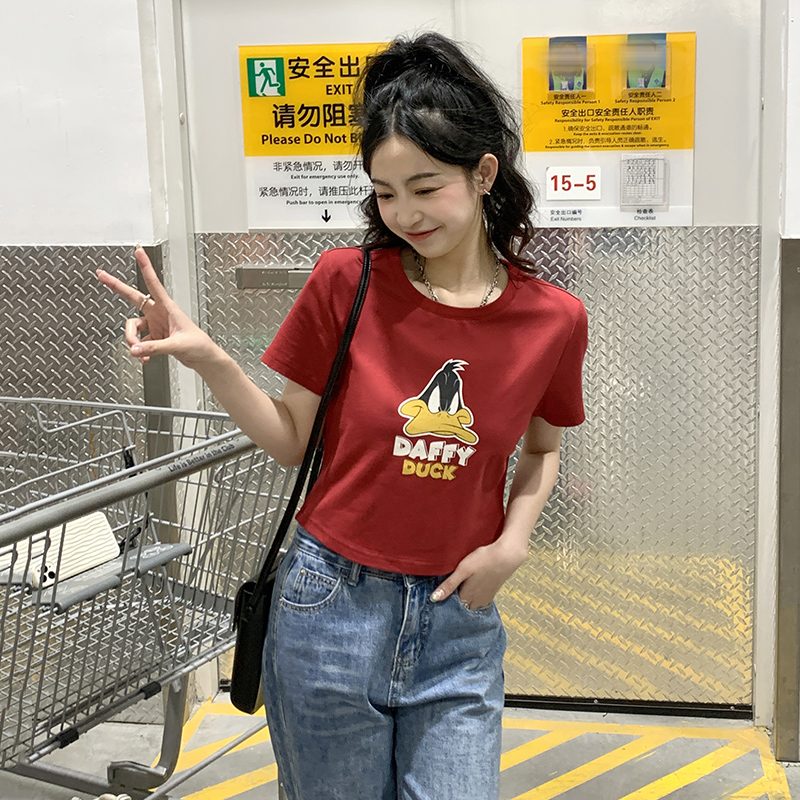 [兔八哥联名]唐狮红色短袖T恤女潮夏季时尚短款紧身小衫辣妹