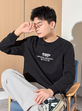 唐狮春季新款纯色长袖T恤男纯棉百搭宽松简约打底衫上衣服潮tTD