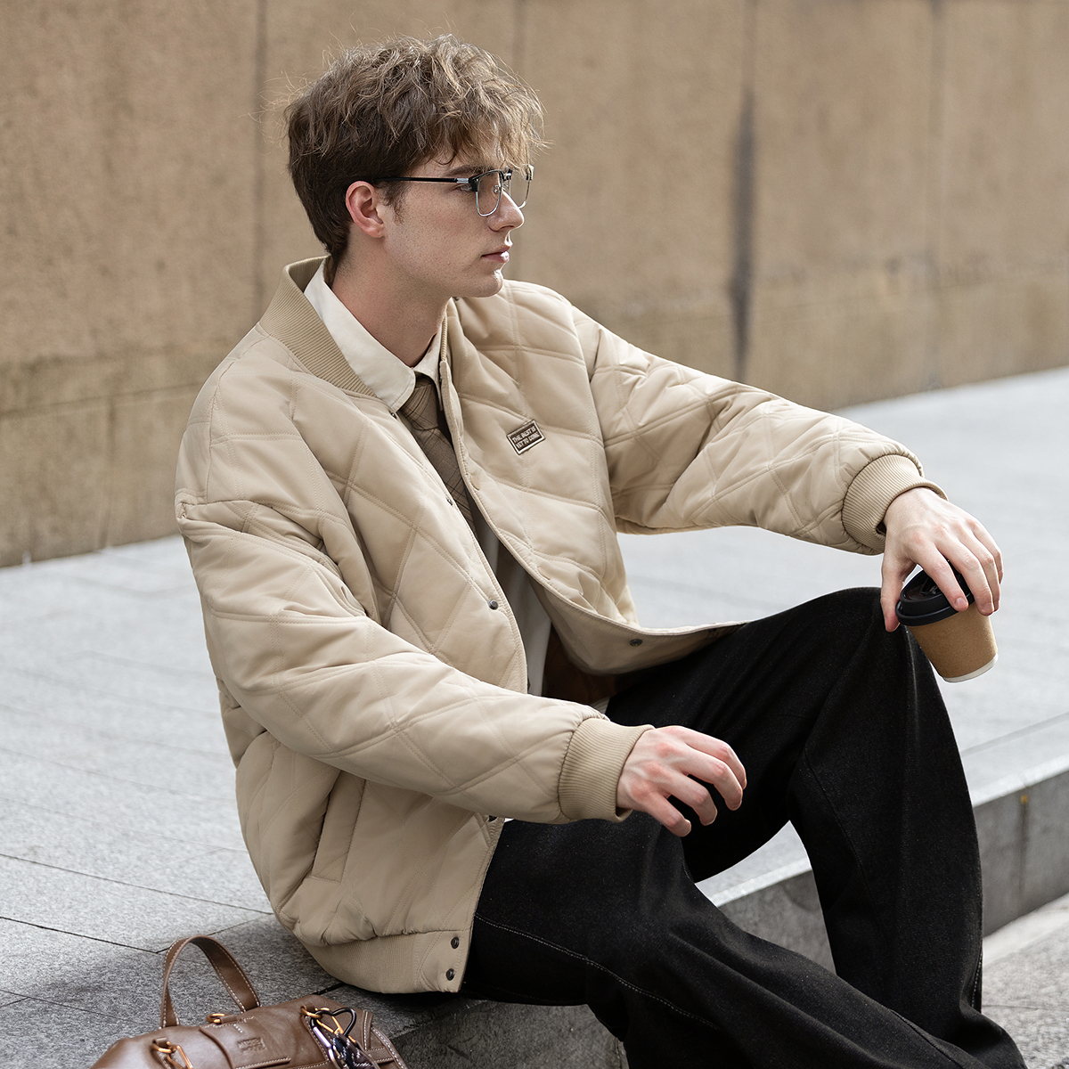 唐狮秋冬季棉服男棒球领菱格设计