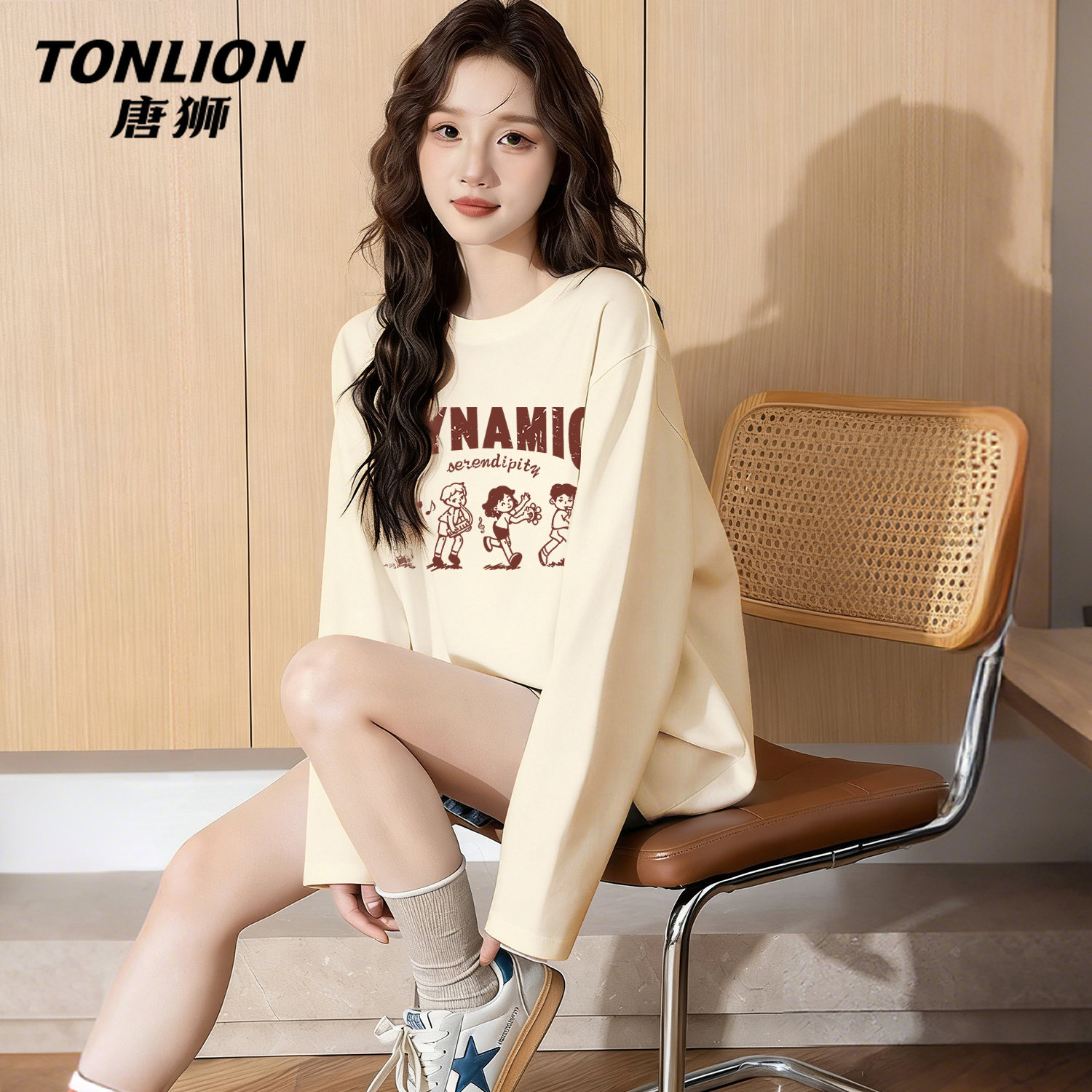 唐狮官方长袖t恤女2026新款春秋款女款宽松显瘦内搭打底衫上衣V