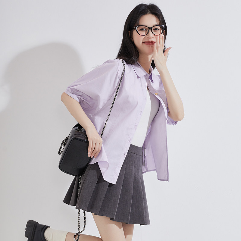 唐狮夏季新款短袖衬衫女紫色别致衬衣甜美清新薄款上衣百搭