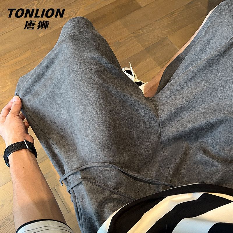 唐狮裤子男款夏季短裤复古港风大学生麂皮绒宽松运动潮牌五分裤HW