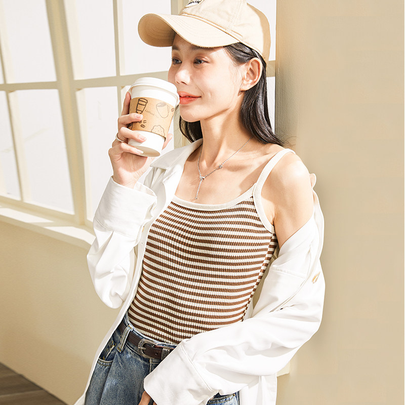 唐狮吊带打底背心女夏季内搭毛织细条纹无袖吊带上衣针织内搭白色