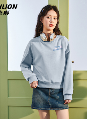 唐狮官方蓝色短款卫衣女2026新款初春宽松圆领外套小个子上衣女VB