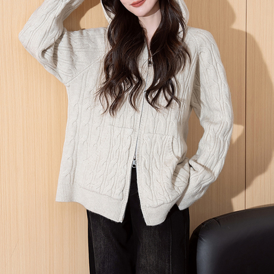 唐狮秋冬绞花连帽针织开衫女春秋