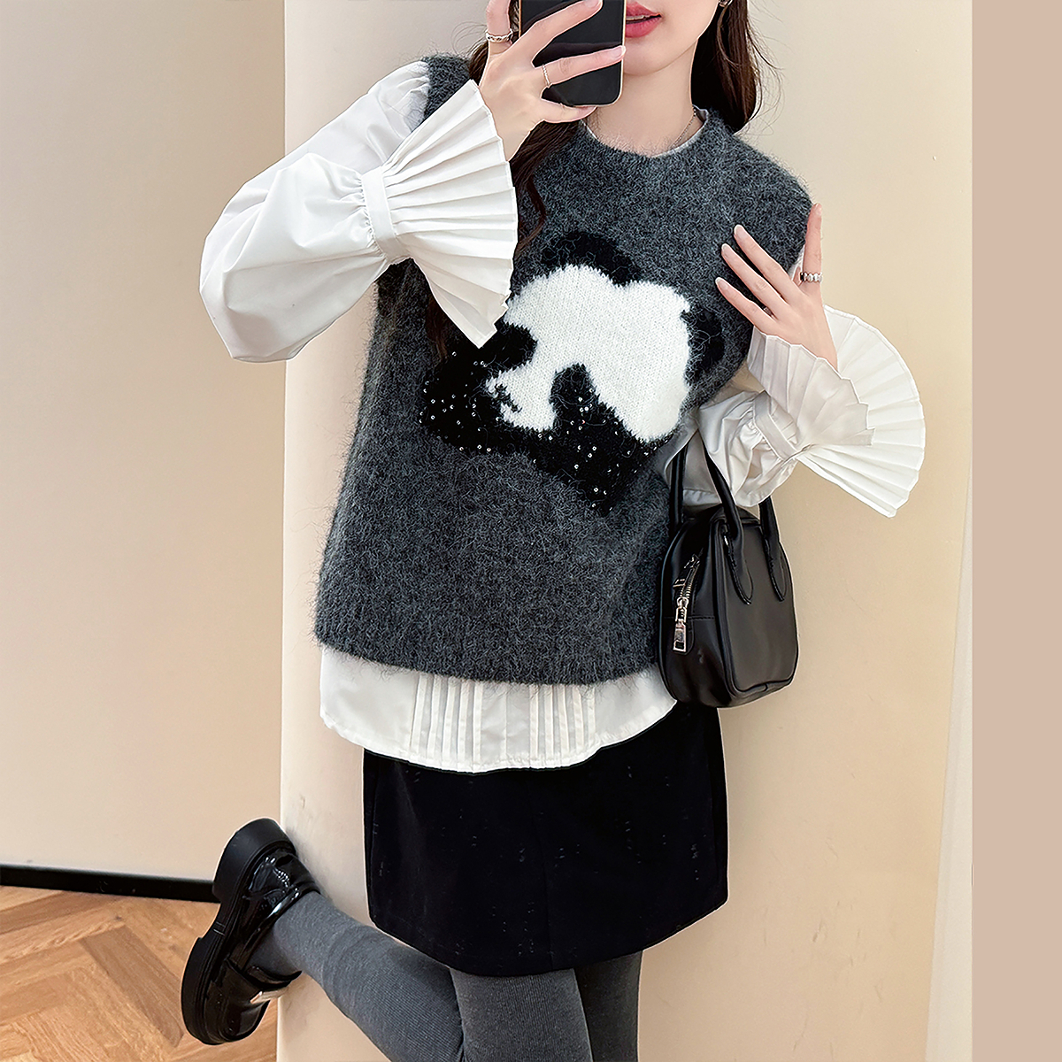 唐狮秋冬季女毛衣趣味图案亮片纱