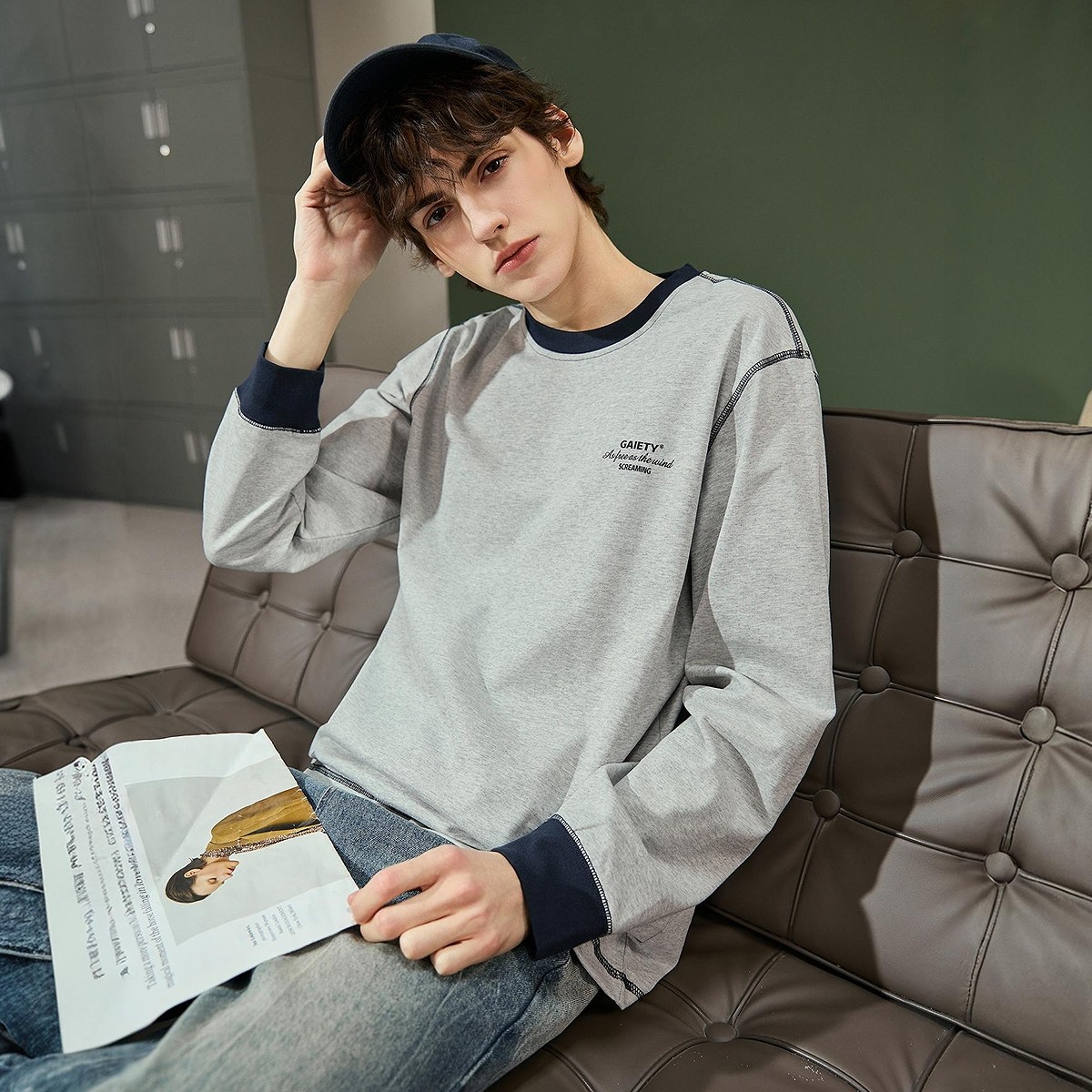 唐狮春秋季长袖T恤男拼接撞色设计感小众圆领简约慵懒休闲风TMTA,男装,T恤,淘宝优惠券,粉丝福利购,淘宝优惠卷