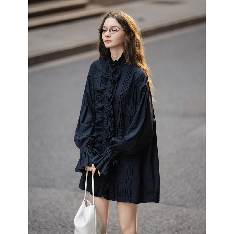 【关晓彤同】唐狮秋冬舒适精致女木耳花边长袖短连衣裙流行tuTA