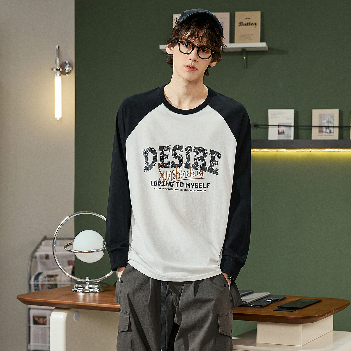 唐狮男款春秋季长袖T恤字母印花