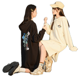 唐狮卫衣裙女秋冬新款中长款卫衣长裙初秋长袖连衣裙小个子q1