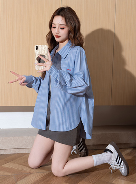 唐狮新款女衬衫夏季长袖不规则下摆条纹休闲蓝衬衣外套韩系blTM