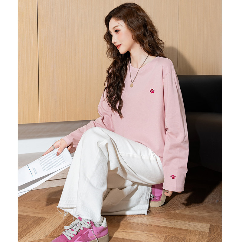 唐狮春秋新款长袖T恤女宽松圆领净色纯棉百搭白色打底衫上衣ttu