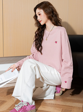 唐狮春秋新款长袖T恤女宽松圆领净色纯棉百搭白色打底衫上衣ttu