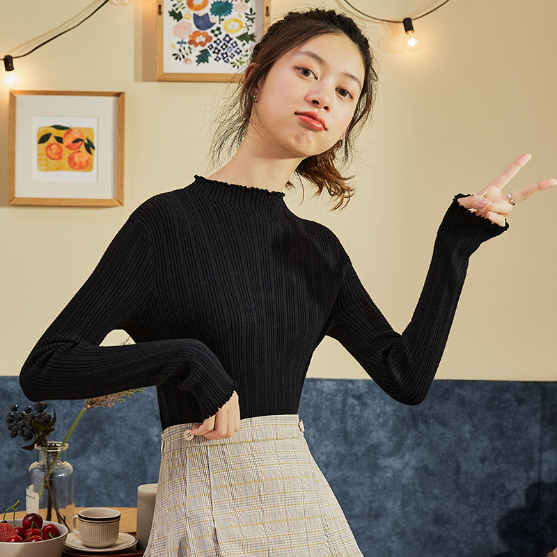 唐狮秋冬季基础净色打底衫女毛衣半高领长袖内搭针织衫上衣黑白色