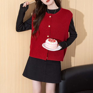 马甲红色系氛围感毛线衫 唐狮秋冬季 女毛衣简约风百搭圆领开衫