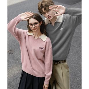 假两件左胸绣花翻领毛线衫 情侣款 唐狮秋冬季 史努比联名款