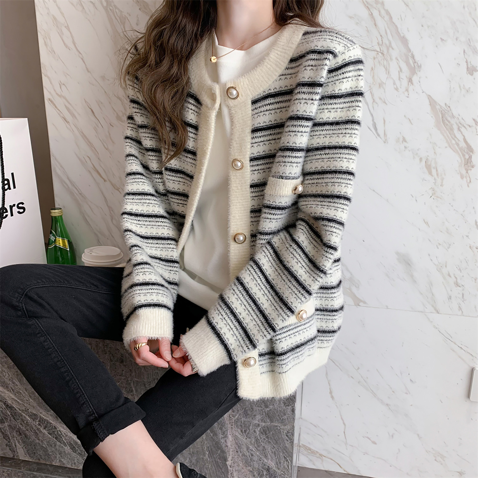 唐狮仿水貂绒小香风开衫外套女毛衣新款时尚百搭春秋季条纹TE