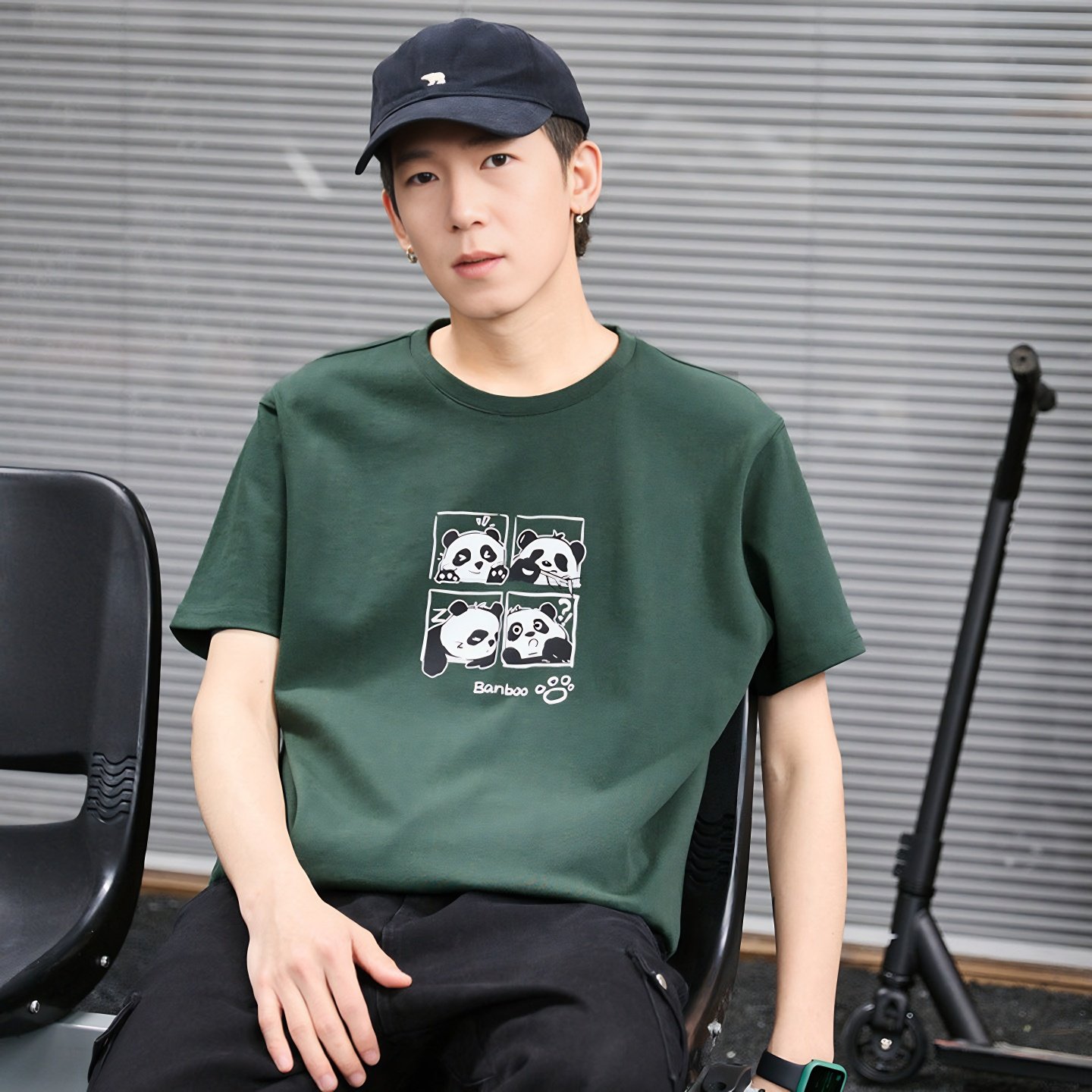 唐狮短袖T恤夏季新款男熊猫圆领潮学生休闲百搭宽松上衣夏装