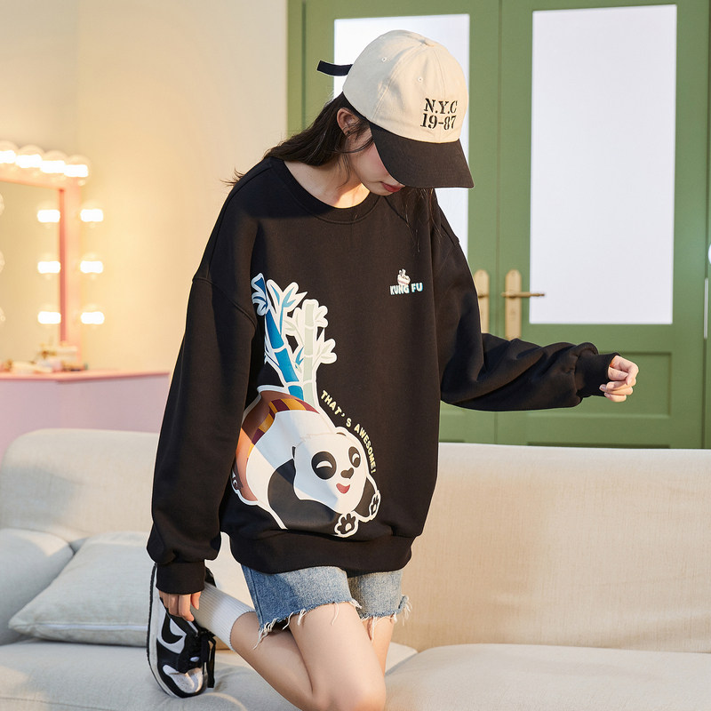 唐狮女装卫衣圆领加绒衣服冬季新卡通上衣慵时尚潮流上衣