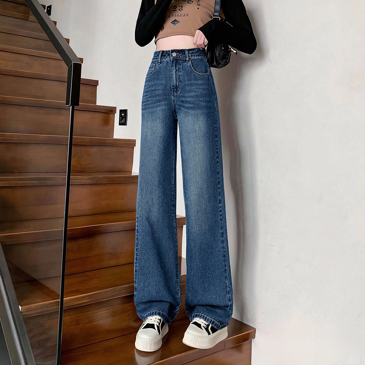 唐狮官方牛仔裤女款2026新款春秋款小个子高腰直筒休闲运动裤子V