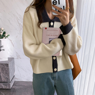 唐狮秋冬季撞色翻领复古开衫女针织外套春高级感毛衣潮简约通勤TE