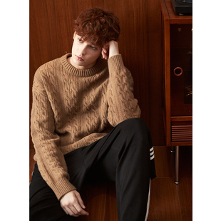 唐狮冬季新款圆领毛衣男麻花慵懒风内搭青少年套头针织线衫潮TD
