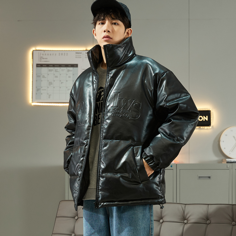 唐狮立领仿PU皮短款羽绒服男装冬季新款潮流百搭保暖羽绒服厚外套