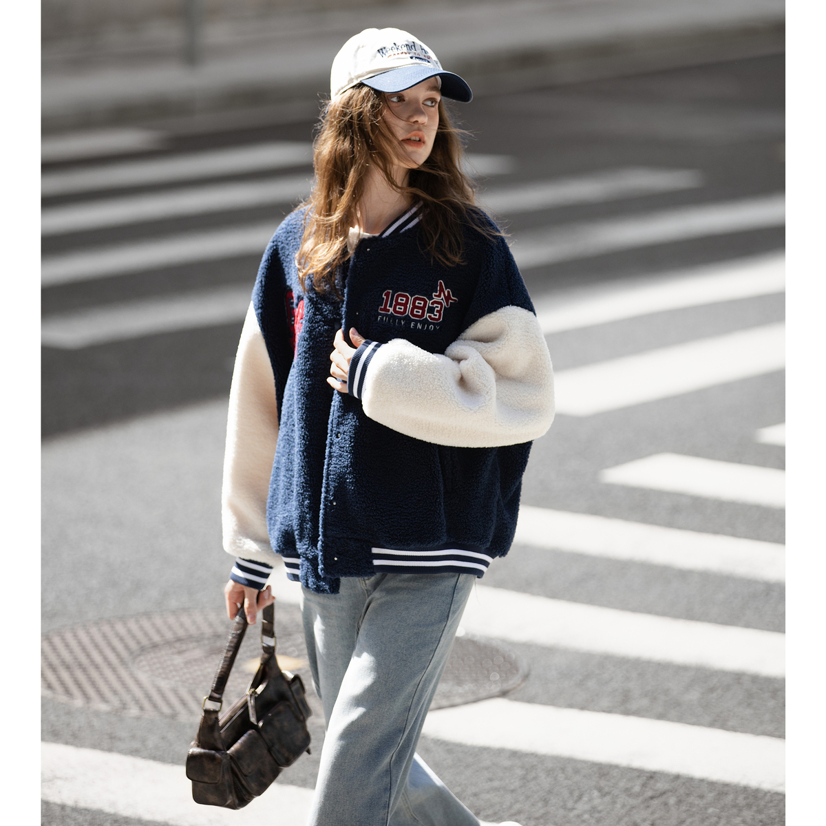 唐狮秋冬季短款羔毛外套女棒球领