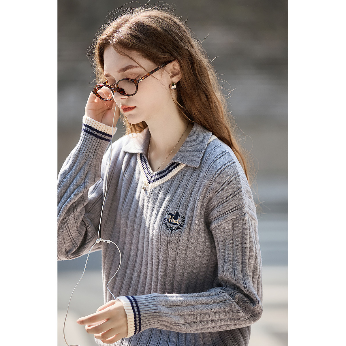 唐狮秋冬新款毛衣女POLO学院风领撞色间条秋季流行穿搭毛线衫TD
