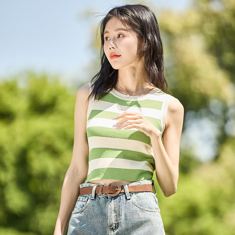 唐狮夏季毛织条纹净色打底背心吊带女内搭工字无袖上衣针织白色