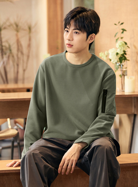 唐狮春秋新款男长袖t恤华夫格圆领宽松上衣口袋内搭打底衫潮tTD