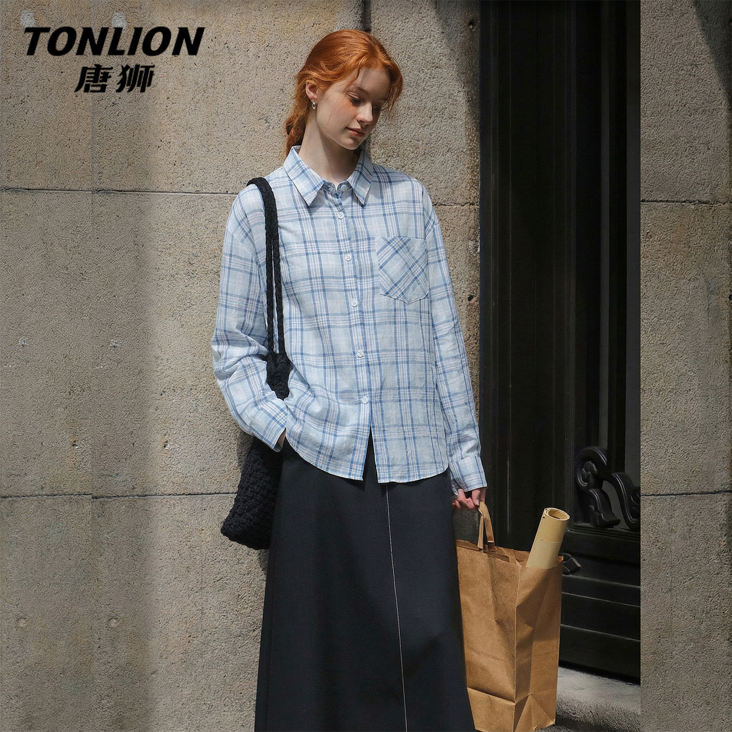 唐狮官方长袖格子衬衫外套女2026新款春秋款女士宽松显瘦上衣女V