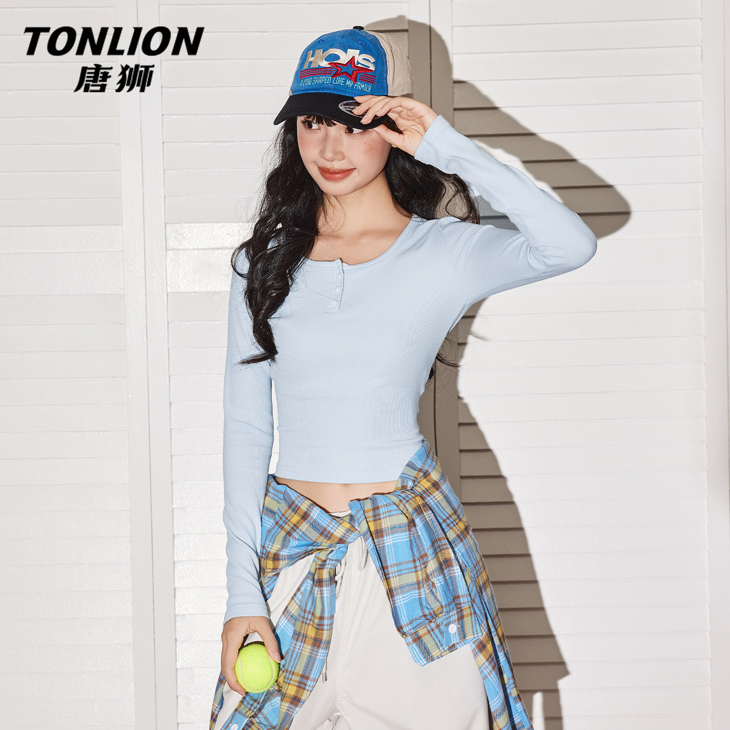 唐狮官方蓝色U领长袖t恤女2026新款春秋款小个子修身正肩上衣女