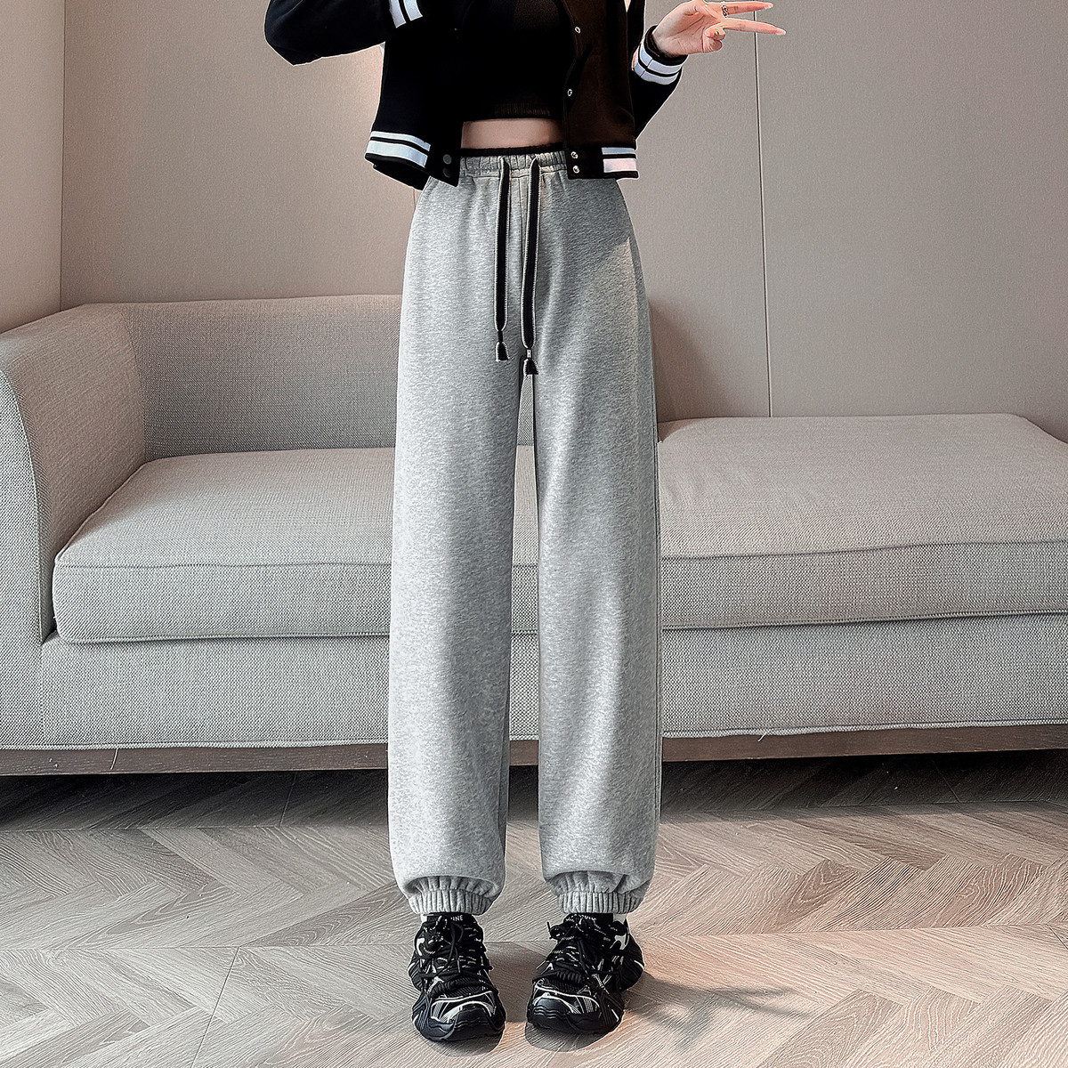 唐狮女腰部拼色抽绳束脚休闲长裤今年流行爆款裤子直筒裤TUTA