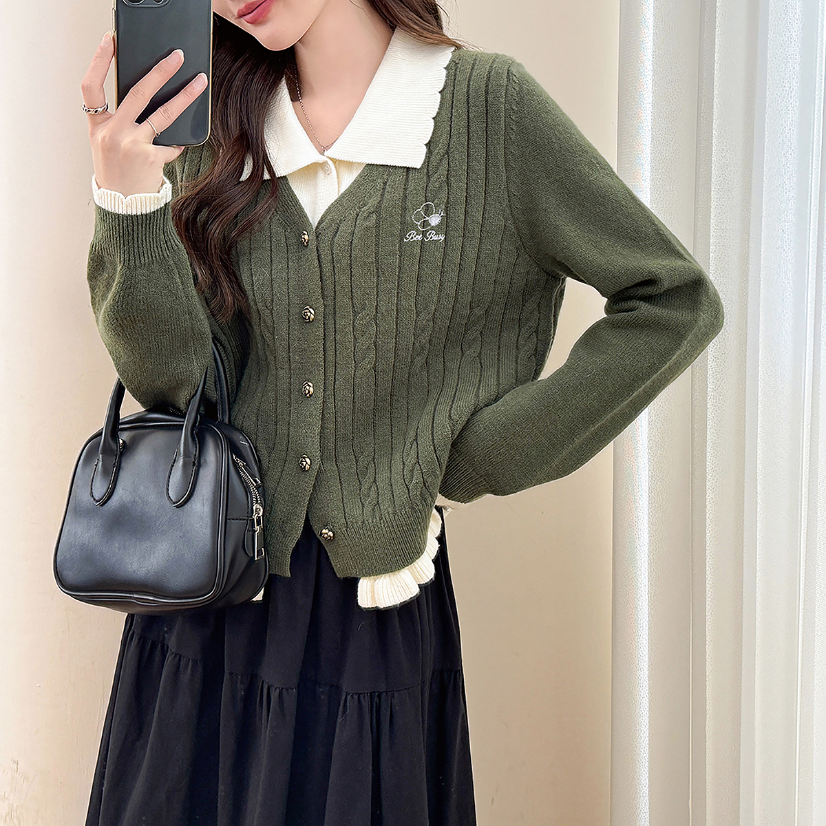 唐狮秋冬复古翻领假两件针织开衫