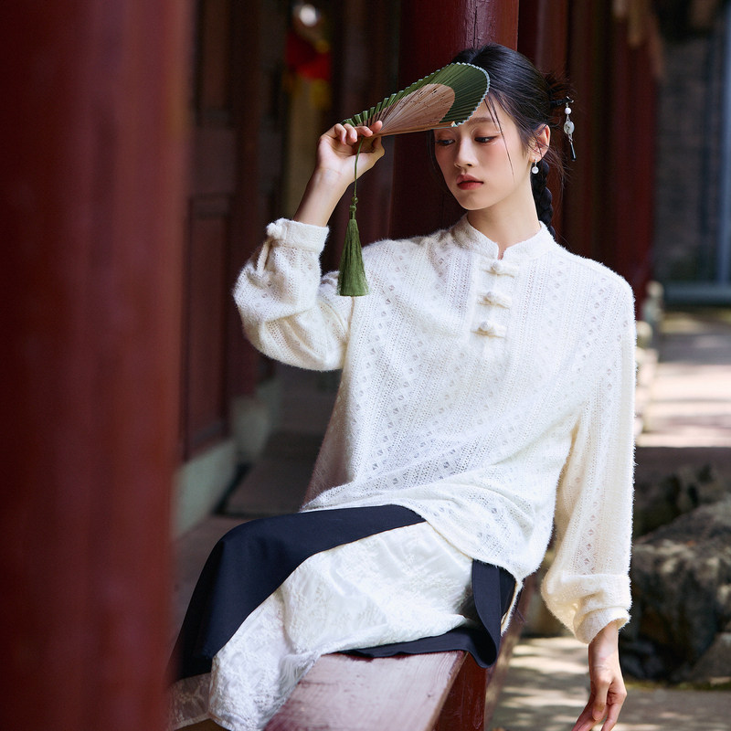 唐狮长袖衬衫女春秋新款新中式肌理感镂空衬衣国风气质上衣潮