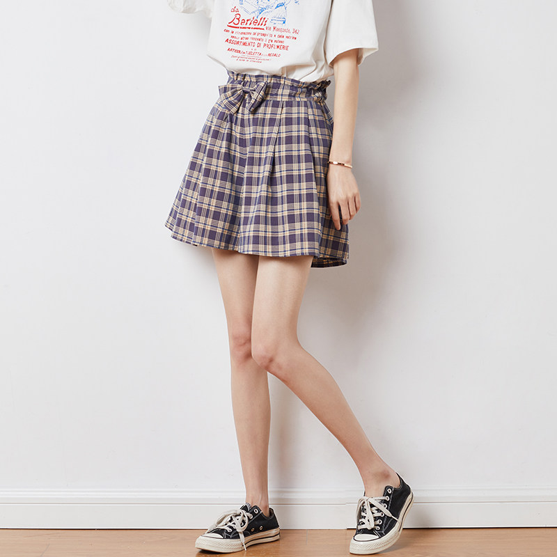 唐狮夏装新款休闲短裤女显瘦裙裤网红格子裤女宽松高腰短裤夏