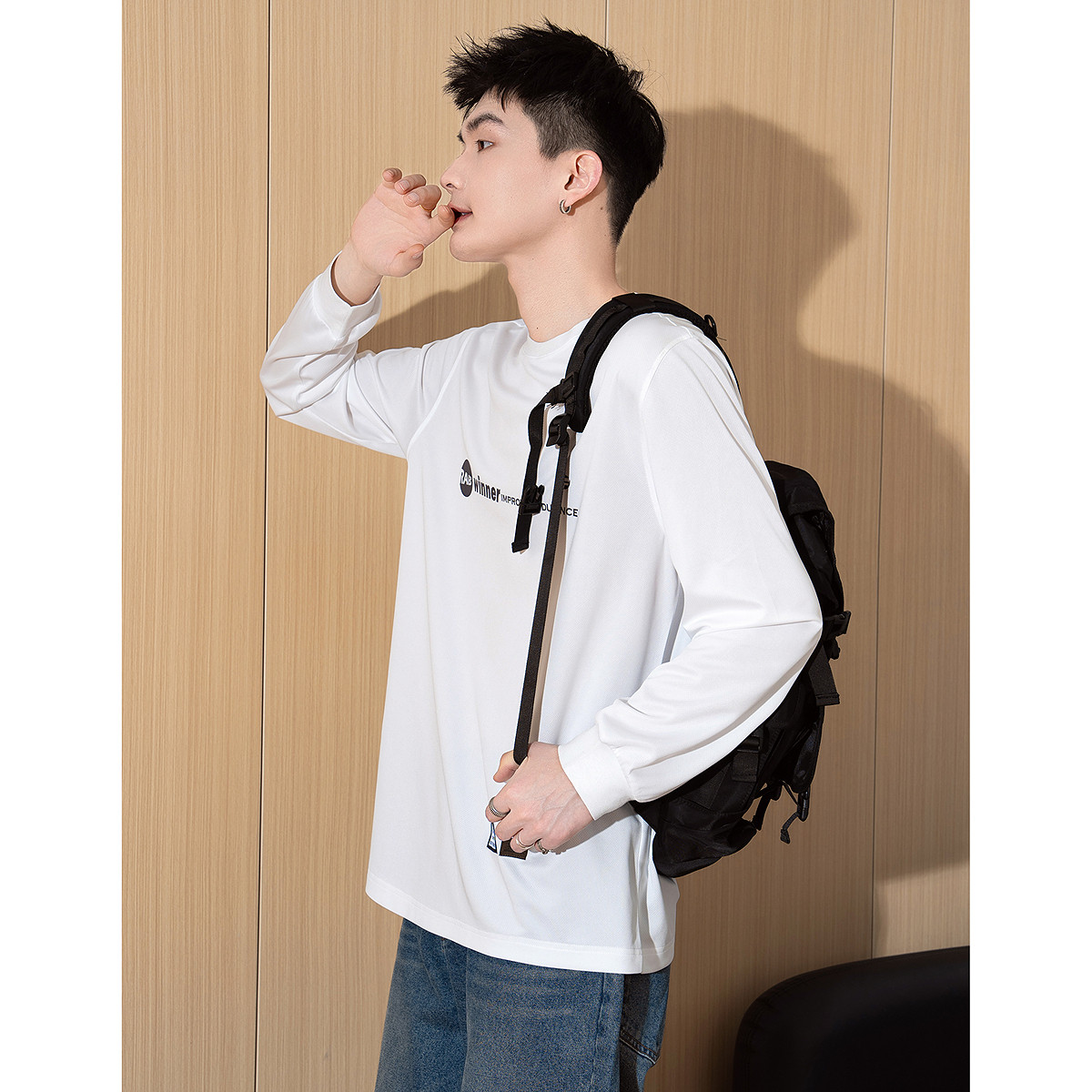 唐狮春秋款黑色长袖T恤男百搭宽松显瘦上衣男打底衫港风内搭潮TD