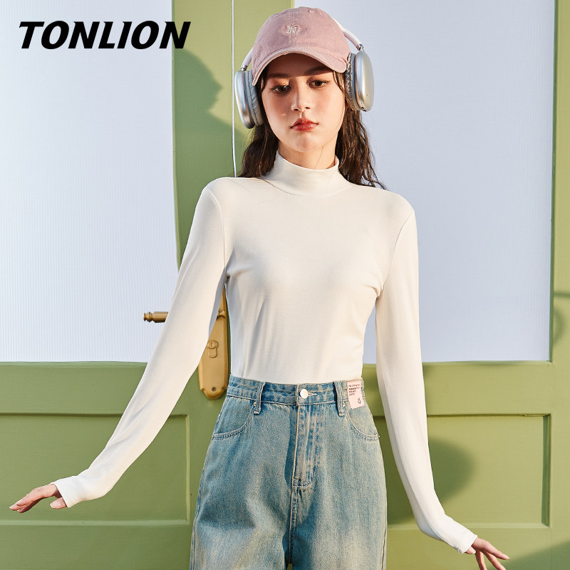 唐狮莫代尔白色半高领打底衫女2026新款春秋款显瘦修身长袖上衣V