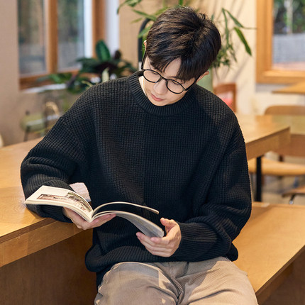 唐狮毛衣男士圆领净色秋冬季新款内搭慵懒风拼接针织衫毛衫潮