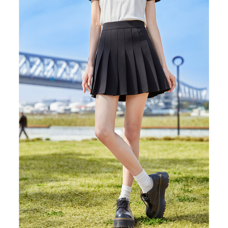 唐狮百褶裙学院风A字短裙灰色夏季新款女黑色显瘦半身裙子潮流