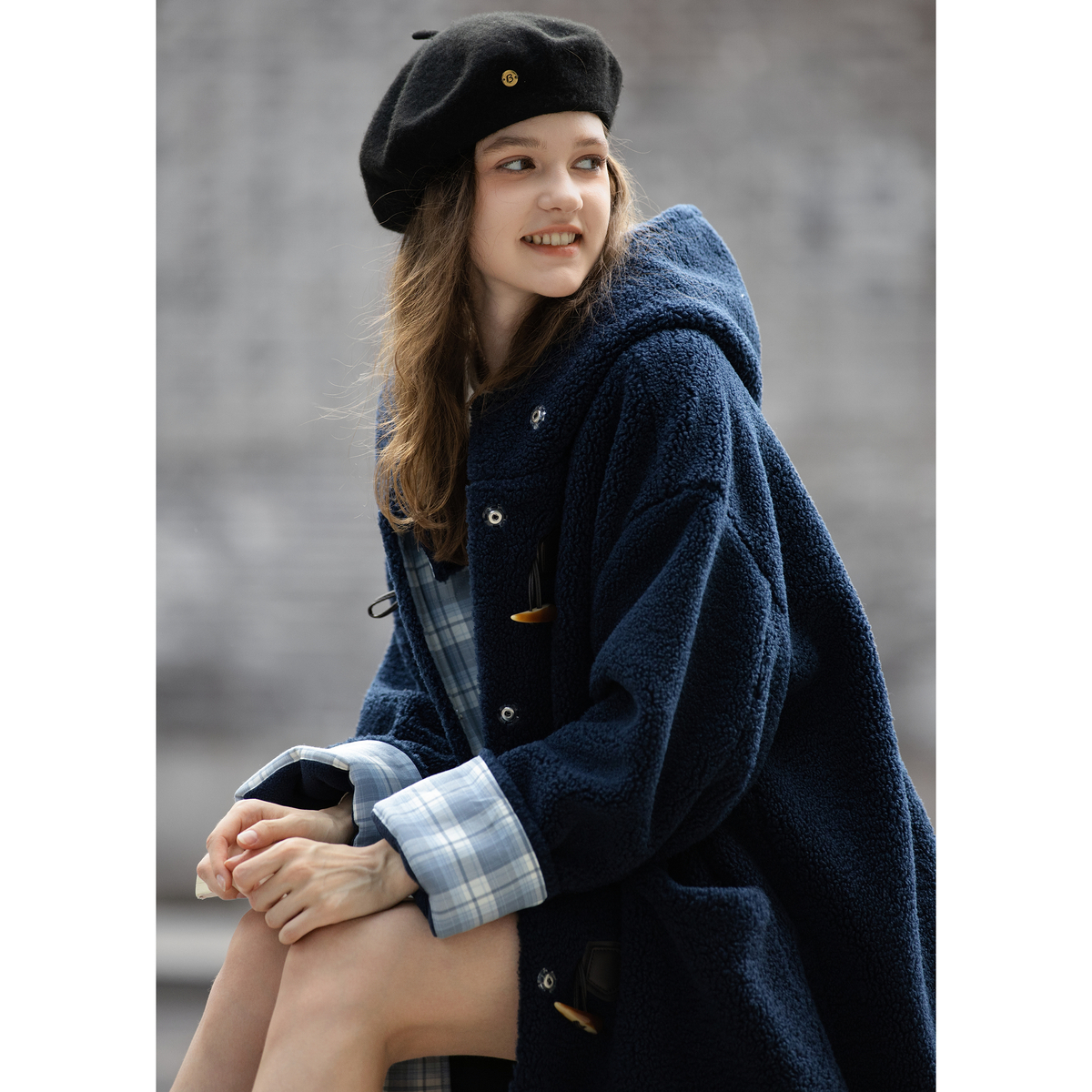 唐狮秋冬季超长款羔毛外套女连帽