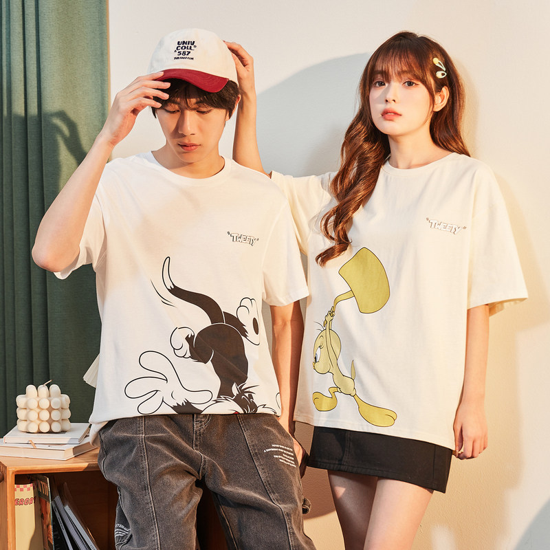 唐狮夏情侣短袖T恤圆领乐一通联名印花短袖体恤衫情侣装短袖T恤