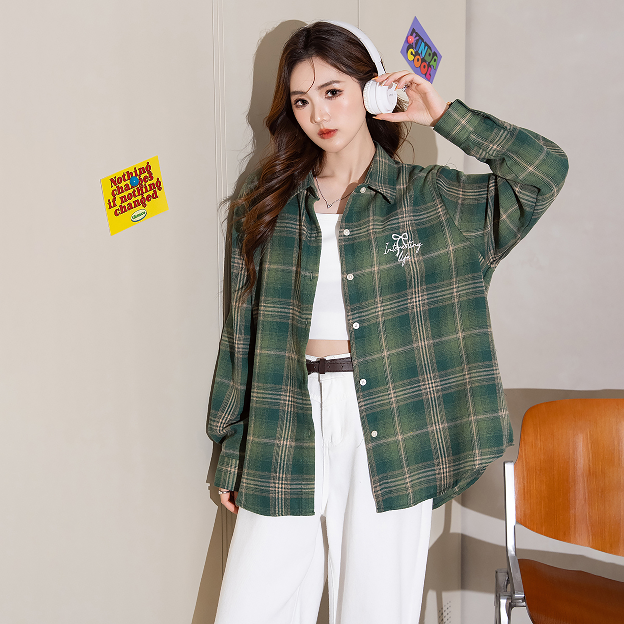 唐狮新款格子衬衫女长袖外套绿色