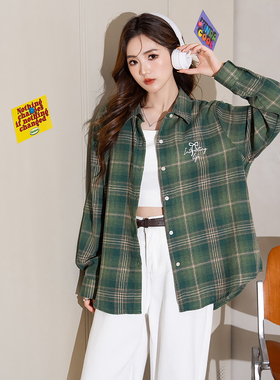 唐狮新款格子衬衫女长袖外套绿色磨毛翻领宽松前胸刺绣上衣blTM