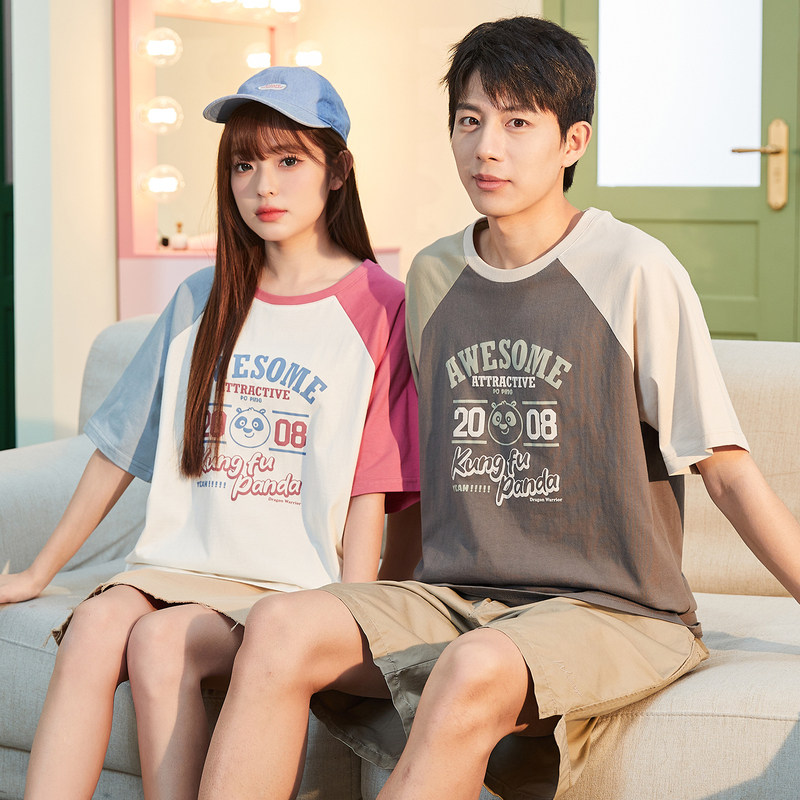 唐狮夏季情侣短袖t恤男功夫熊猫美式复古学院风撞色女上衣潮,男装,T恤,淘宝优惠券,粉丝福利购,淘宝优惠卷