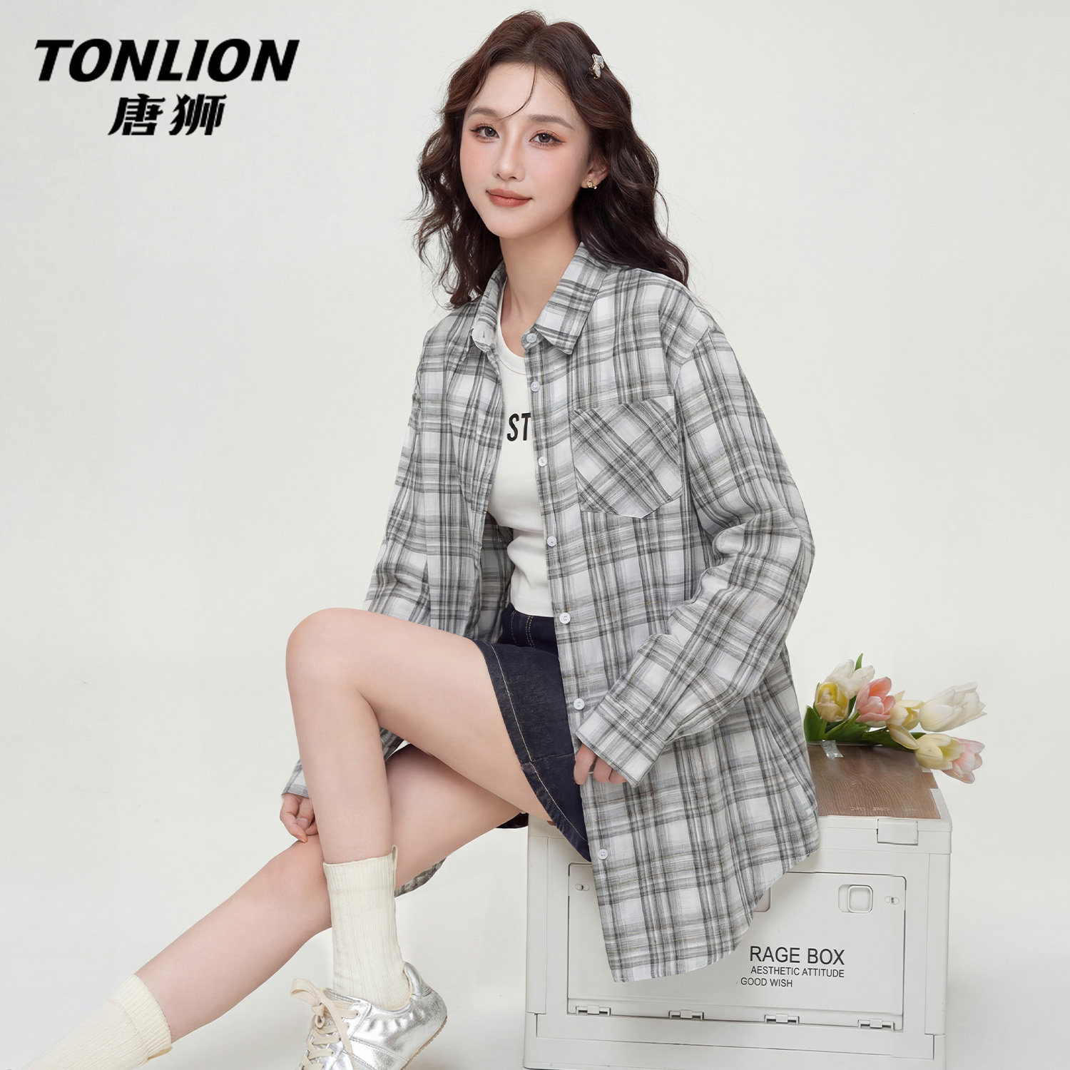 唐狮官方格子衬衫女款春秋款2026新款女士韩系慵懒风外搭上衣女V