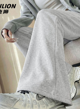 唐狮官方灰色微喇裤女2026新款春秋款女士高腰直筒休闲喇叭裤子VB